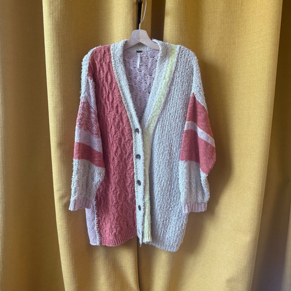 Free People Pink and Cream Button-Up Cardigan